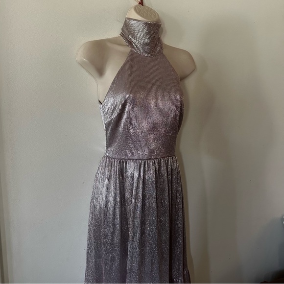 AQUA METALLIC MOCK NECK EVENING DRESS (AAAA) - Picture 3 of 8